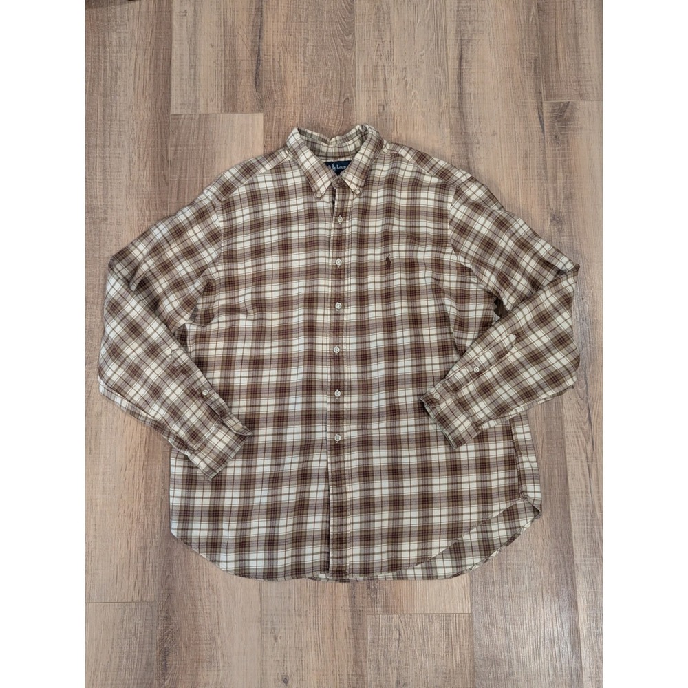 Ralph Lauren Classic Fit Flannel Shirt Mens XXL Brown Plaid Button Down Pony